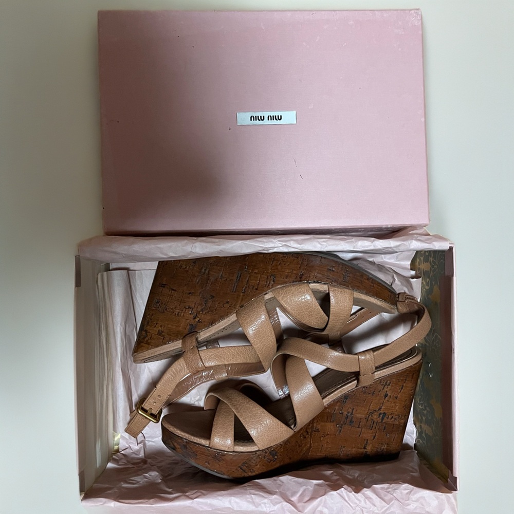 NWT Miu Miu Brown Sandals Leather Wedges Leather Heels 8.5